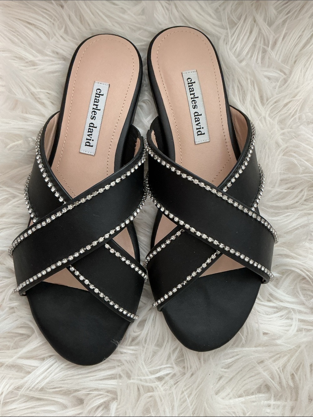 Charles David Kenya Black Crystal-Embellished Slide Mules SZ 9